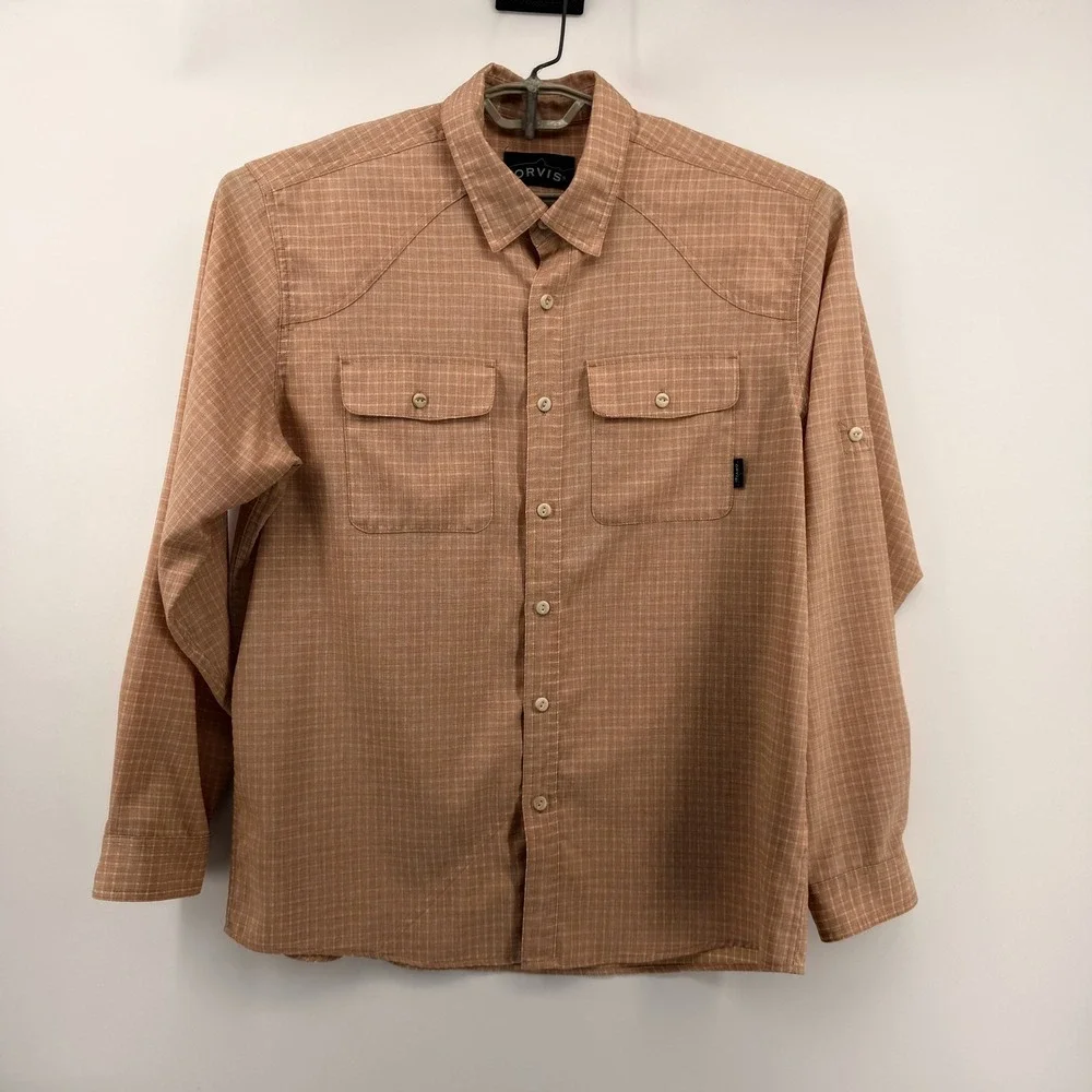 Orvis Western Yoke Fishing Shirt Men Large Orange Plaid Long Sleeve Button Down‎